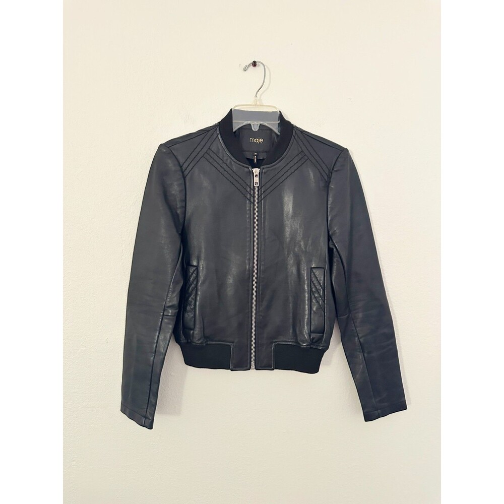 Maje Lamb Leather Moto Bomber Leather Jacket Full Zip City Women's 2 (FR 38)